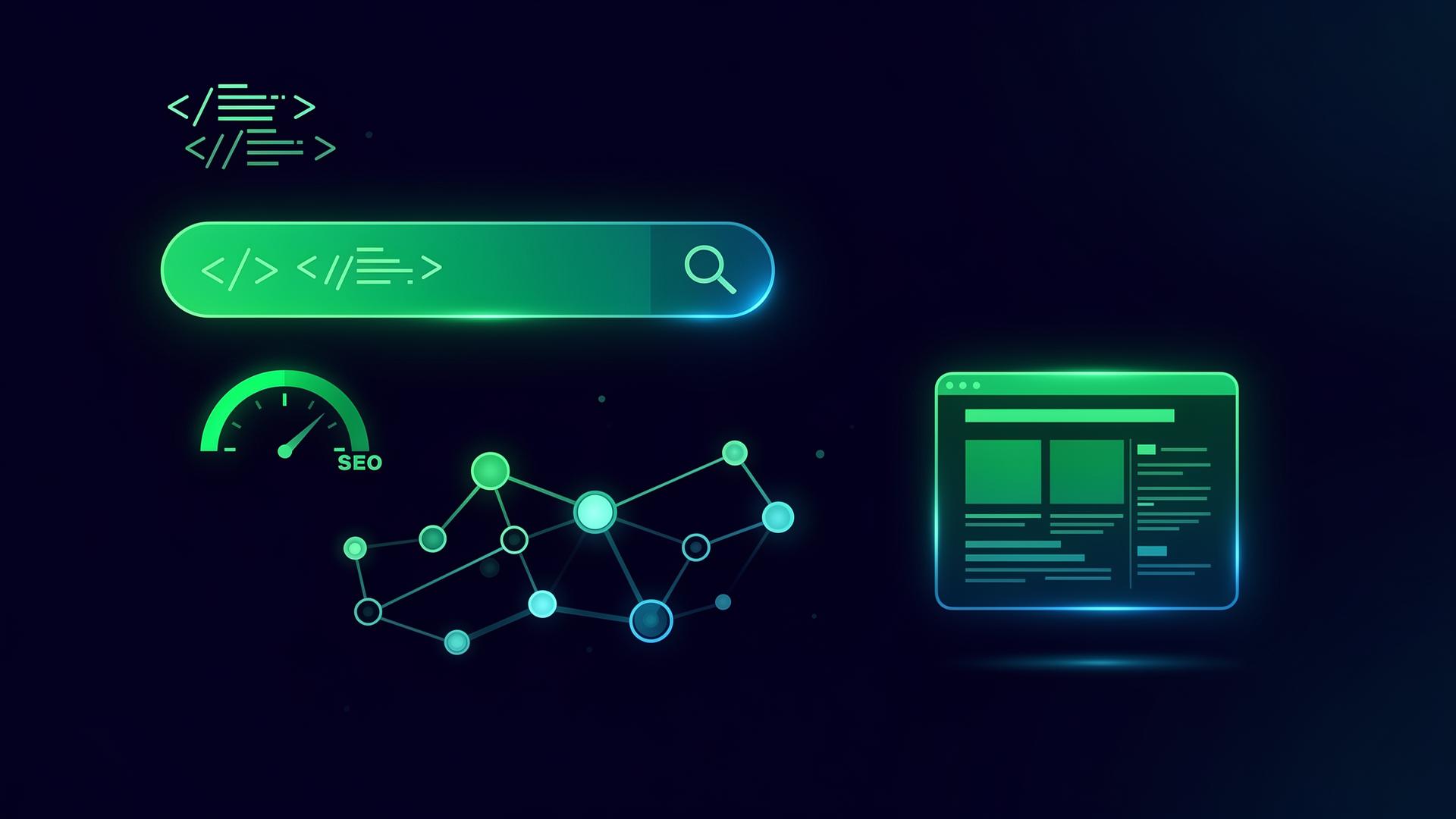 Ilustração de SEO técnico com gráfico de crescimento e busca